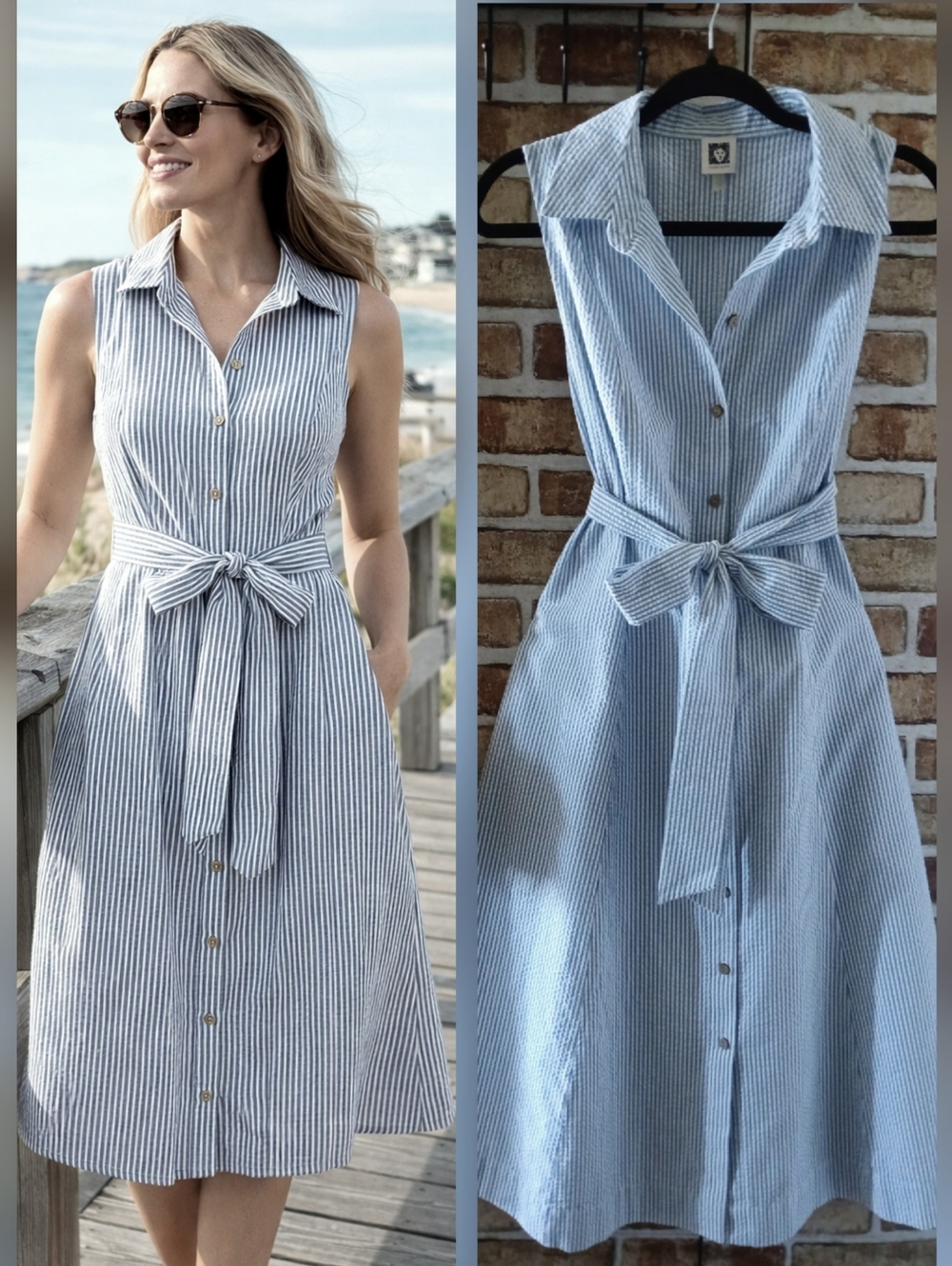 ANNE KLEIN Blue White COTTON Striped PREPPY Belted Shirt DRESS Womens SIZE 10